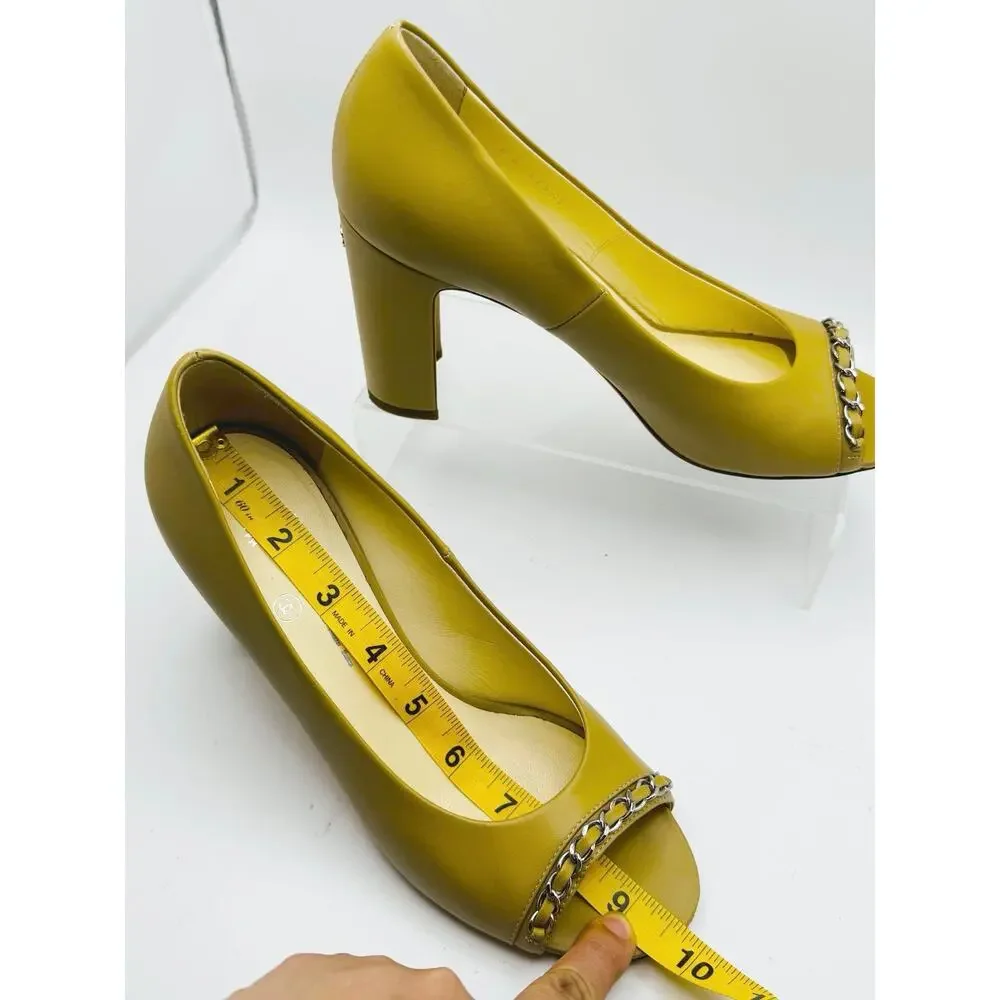 Chanel Khaki CC Logo Chain Strap Open Toe Pumps Heels EU 38 US 8